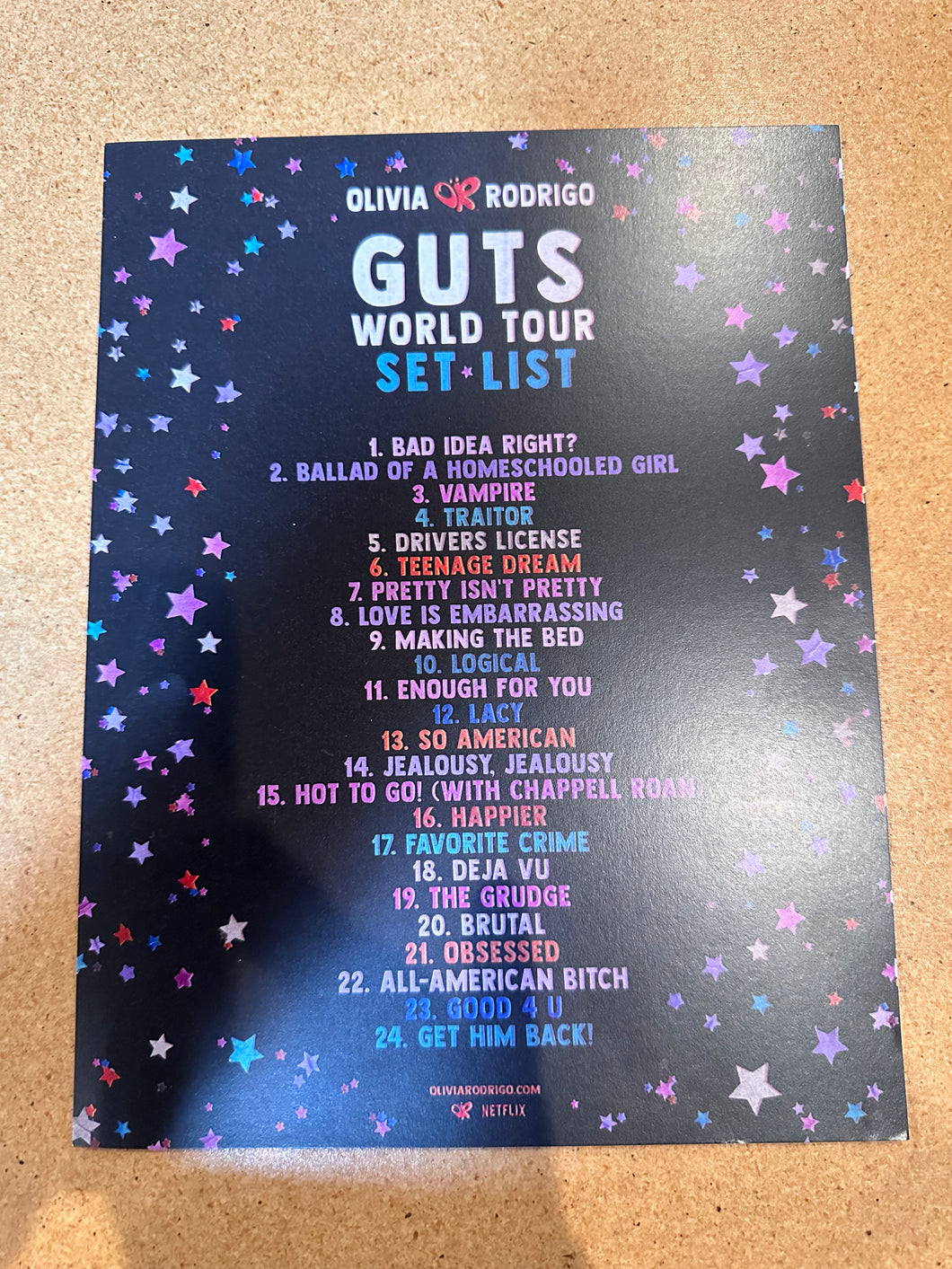 GUTS world tour set list- printed materials